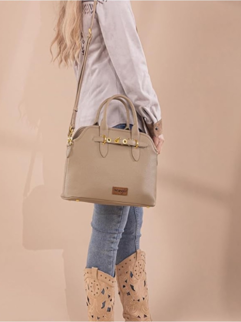 Wrangler Taupe Crossbody Satchel with Gold Accents